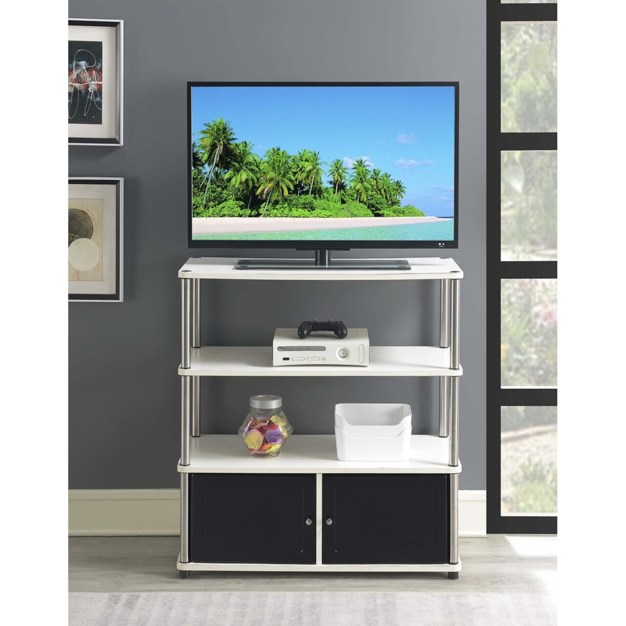 Convenience Concepts Designs2Go Highboy TV Stand, White and Black Doors
